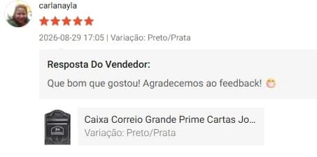Avaliação 5 estrelas de carlanayla, com resposta do vendedor (outro recorte)
