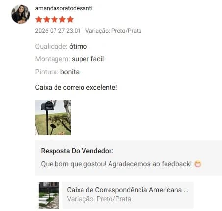 Avaliação 5 estrelas de amandasoratodesanti: qualidade ótima, montagem super fácil, pintura bonita. “Caixa de correio excelente!”