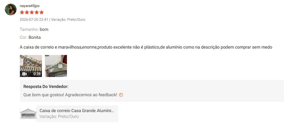 Avaliação 5 estrelas de nayara45jps: “A caixa de correio é maravilhosa, enorme, produto excelente, de alumínio como na descrição”