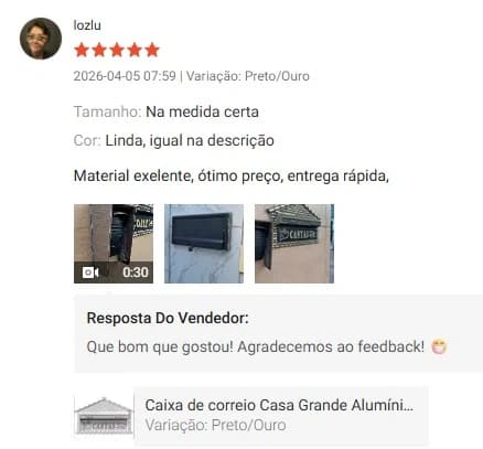 Avaliação 5 estrelas de lozlu: “Material excelente, ótimo preço, entrega rápida”