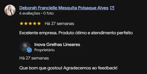 Avaliação 5 estrelas no Google: “Excelente empresa. Produto ótimo e atendimento perfeito”, com resposta do proprietário