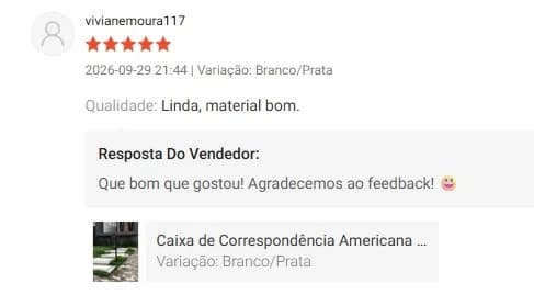 Avaliação 5 estrelas de vivianemoura117: “Qualidade: linda, material bom”
